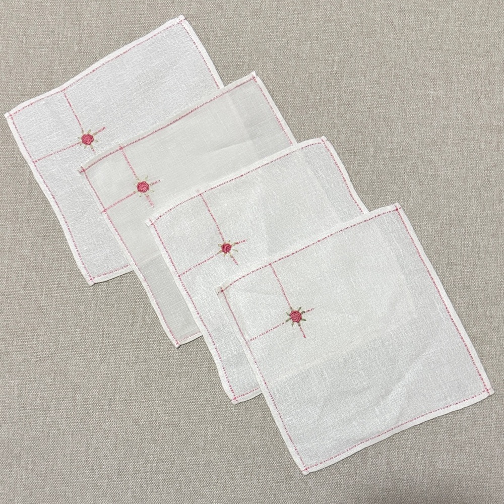 Set of 4 Vintage Handkerchiefs-7x7 size-White/Pink Floral Detail-Clean/No flaws
